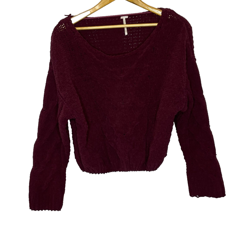 Women's XS Free People Stick and Stones Burgundy Chenille Cable Knit Sweater